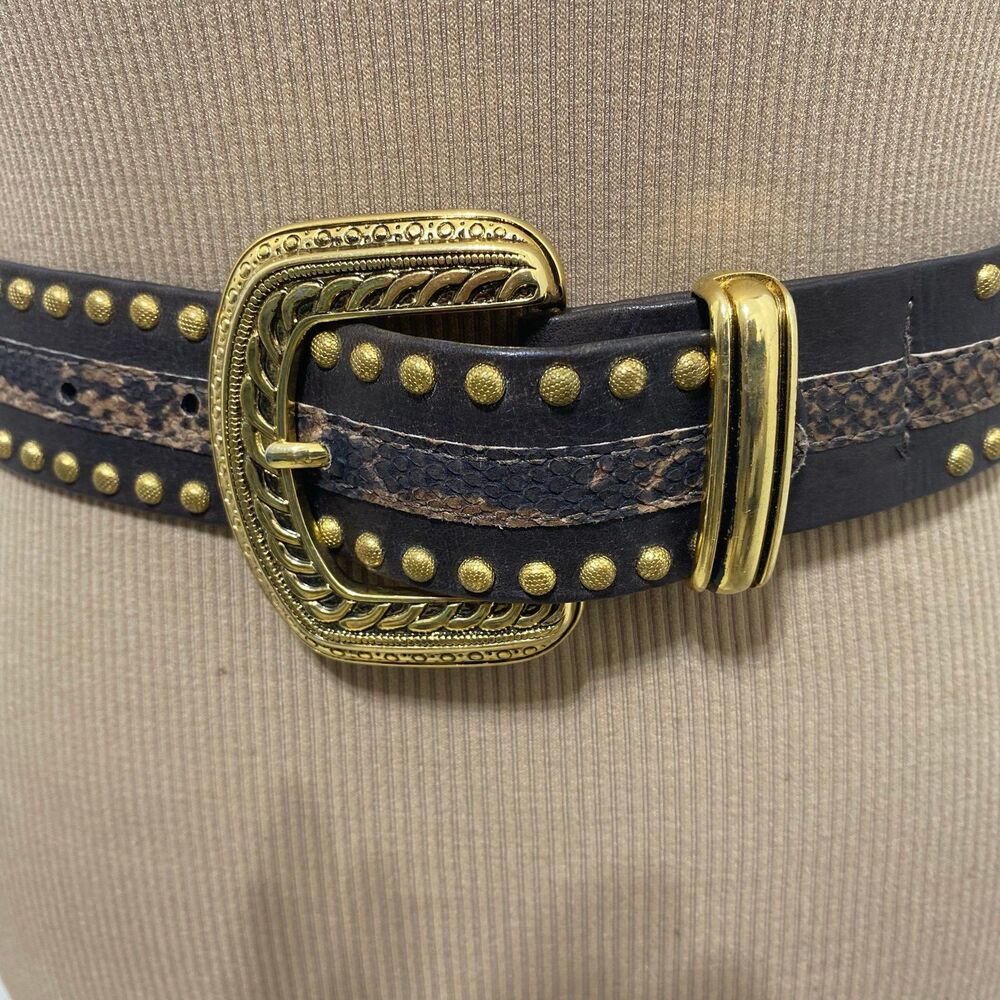 ST MAARTEN Dallas Leather Belt W/Gold Studs & Gold-Tone Lion Head Medallion - Picture 2 of 15